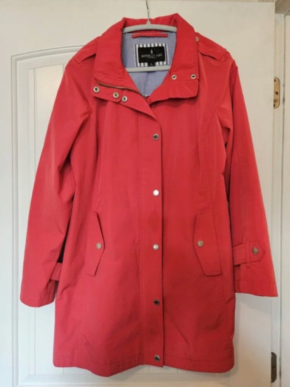 London Fog Womens Coral Red Rain Jacket Petite Large Full Zip Mid-Length Coat